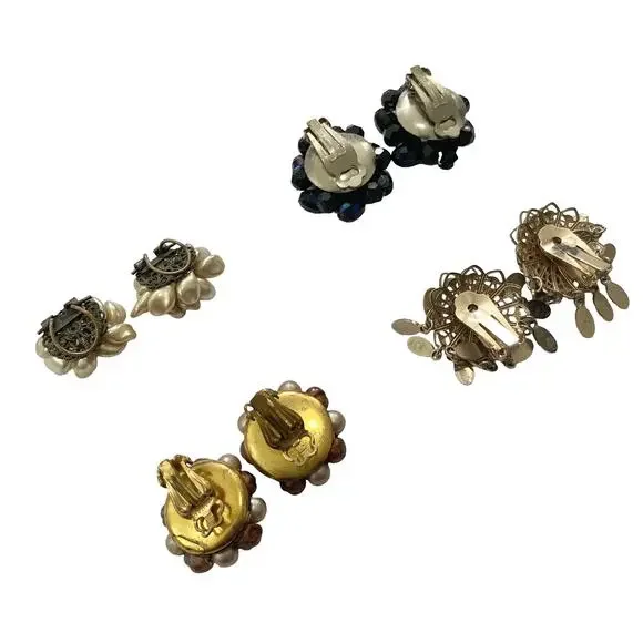 4 pairs of vintage cluster clip-on earrings (Black, Gold, Cream, Rose Gold) - Picture 2 of 7